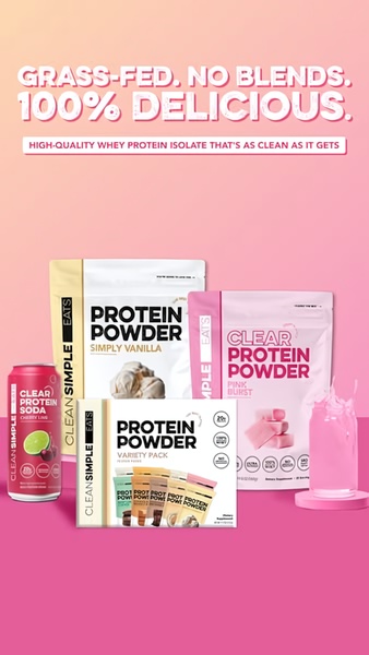 A vertical ad showcasing three variants of clean, grass-fed protein powder and drink products against a soft, gradient background.